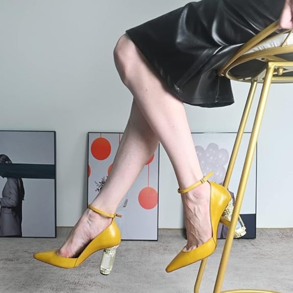 FSJ Yellow Ankle-Strap Pointed Toe Heels with Embellished Block Heel